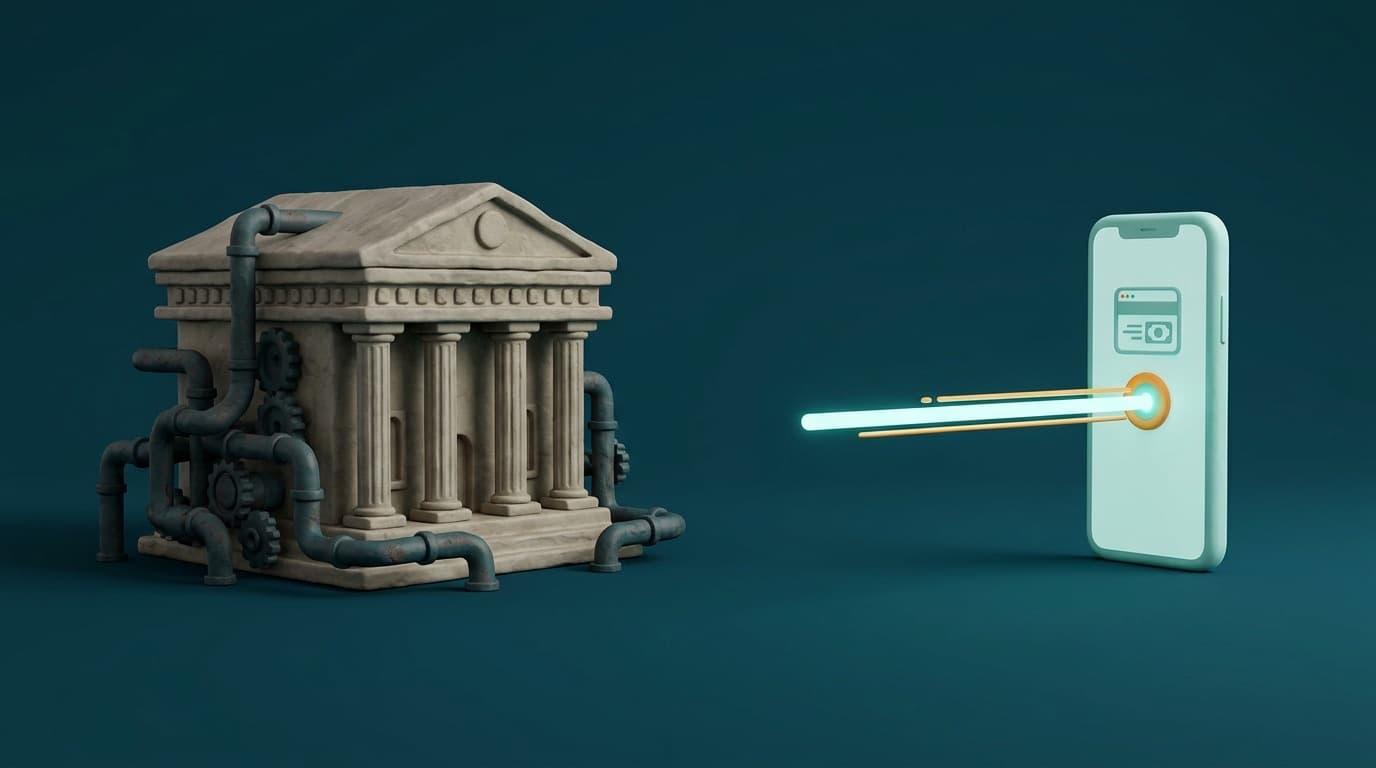 A traditional bank building beside a smartphone app, comparing transfer methods
