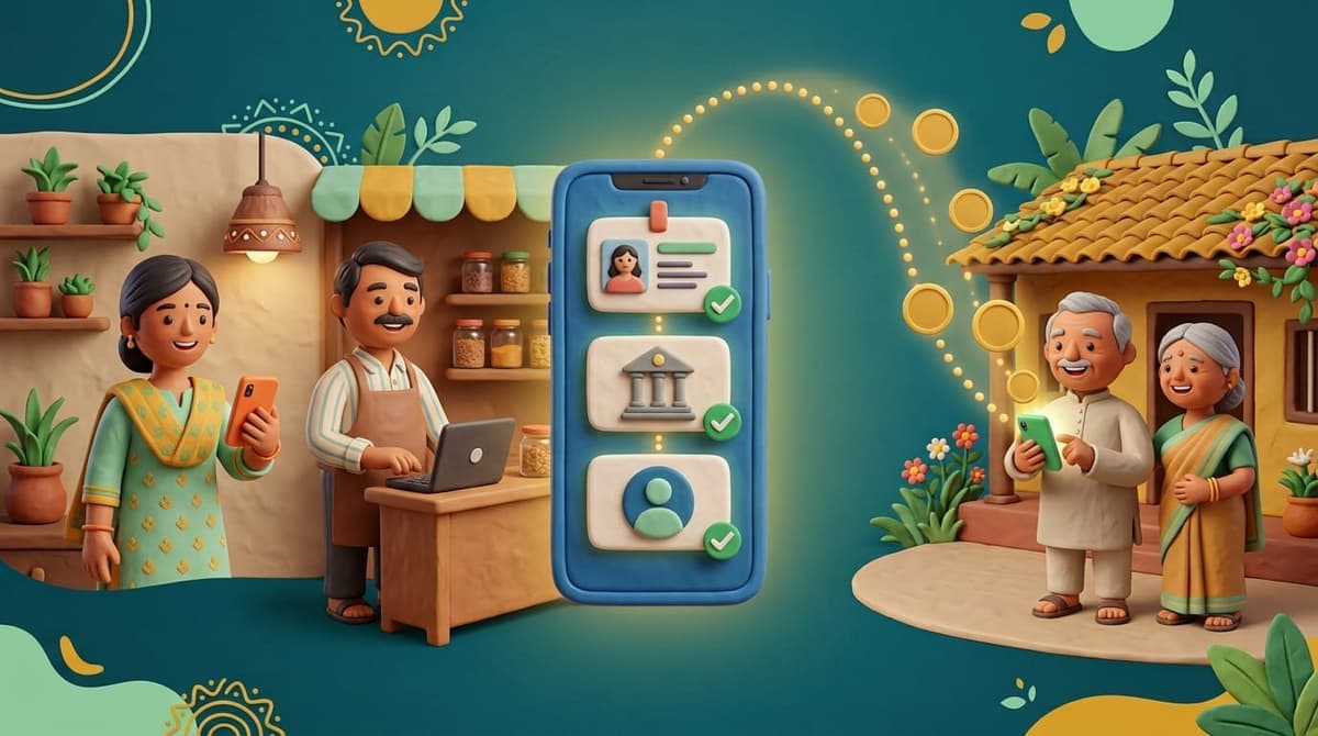 Illustration of a customer and a small business owner sending money by phone to family in India