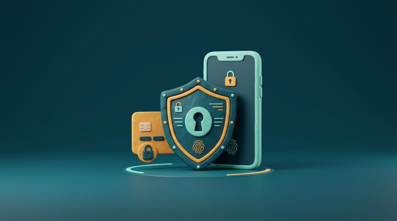 A shield protecting a phone and bank card, representing secure transfers
