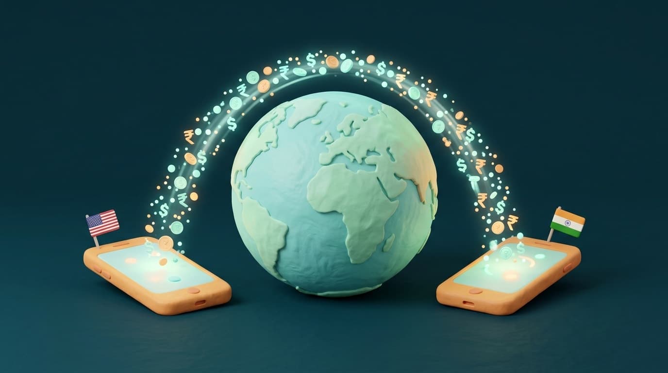 Money travelling digitally from a phone in the USA to a phone in India