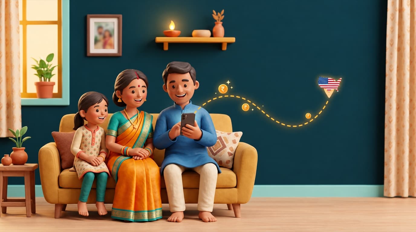 A family in India receiving money on a phone from a relative in the USA